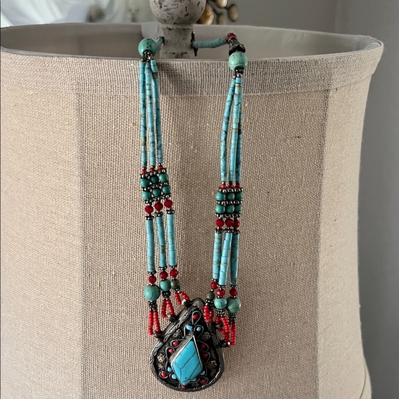 Jewelry - Turquoise and Red Beaded Necklace with Pendant